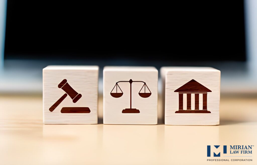Three wooden blocks showing legal services we offer at Mirian Law Firm as our areas of practice.
