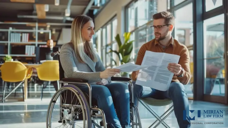 زنی روی ویلچر در حال بررسی مدارک بیمه با یک کارشناس در تورنتو.